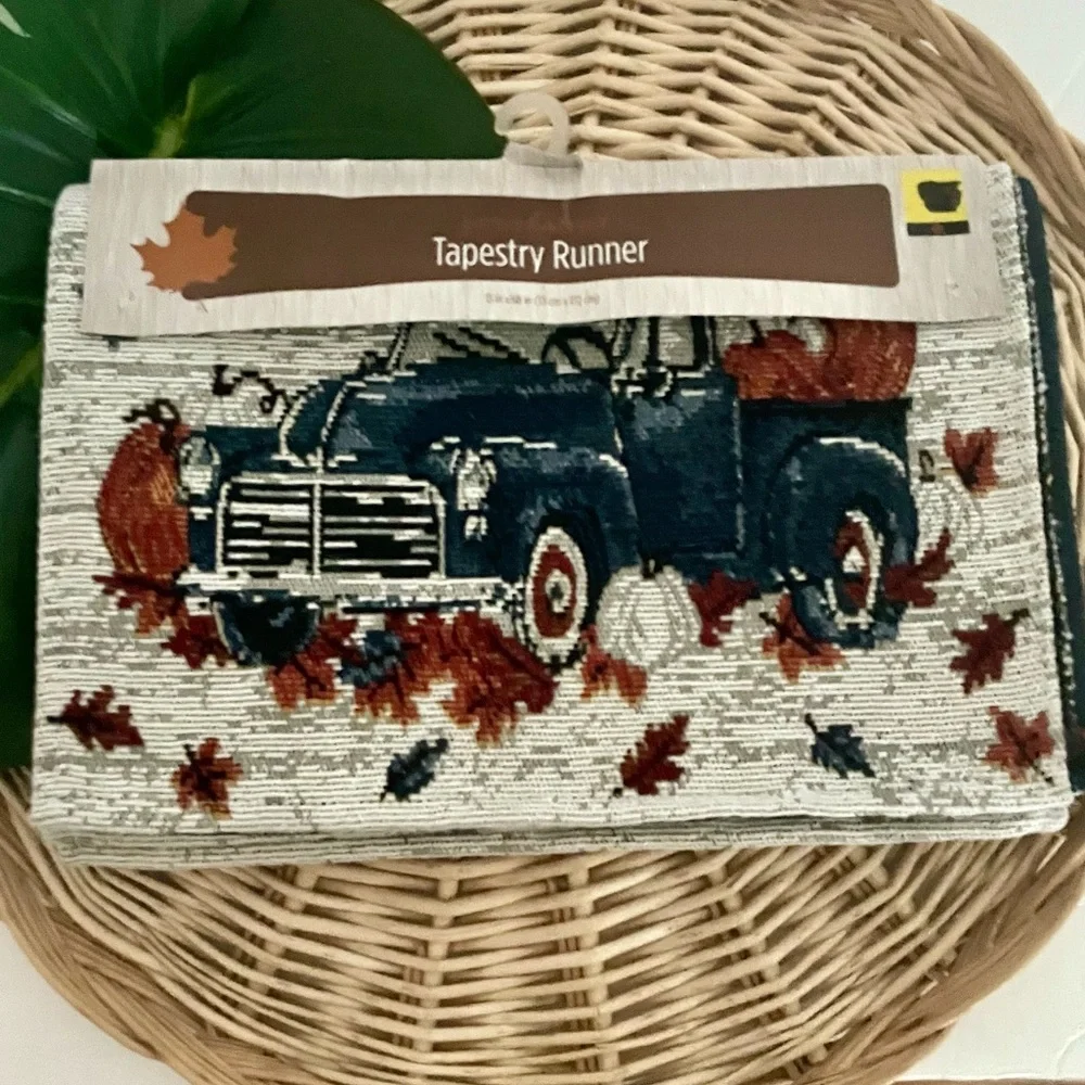 Fall Perfect Harvest Blue Truck Tapestry Table Runner Autumn Leaves NWT